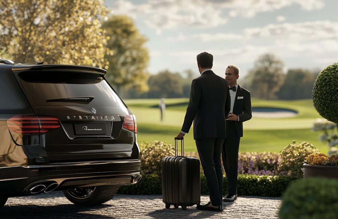 Black sedan car service with chauffeur waiting at door - SeaTac Transportation